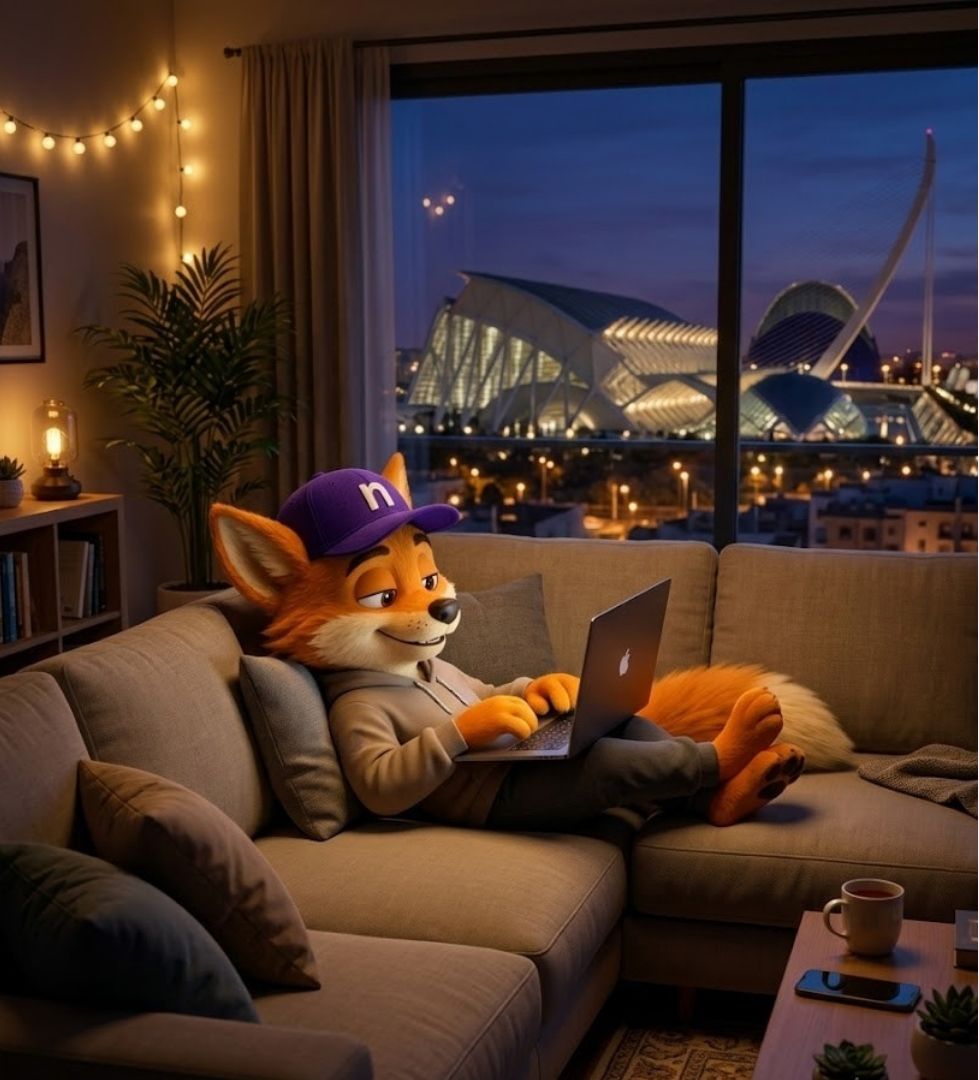 A digital nomad working from their home on nBases at dusk